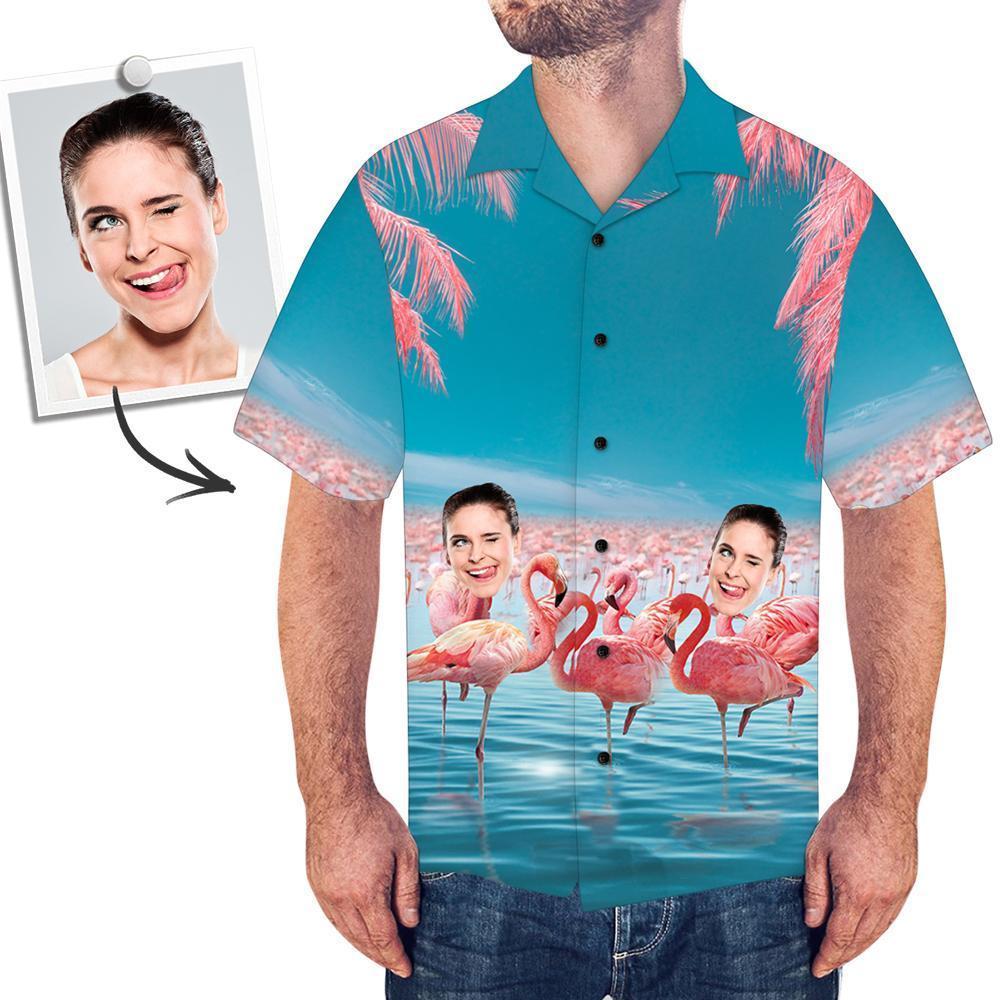 Custom Face All Over Print Vacation Style Hawaiian Shirt Pink Flamingo - facesocks