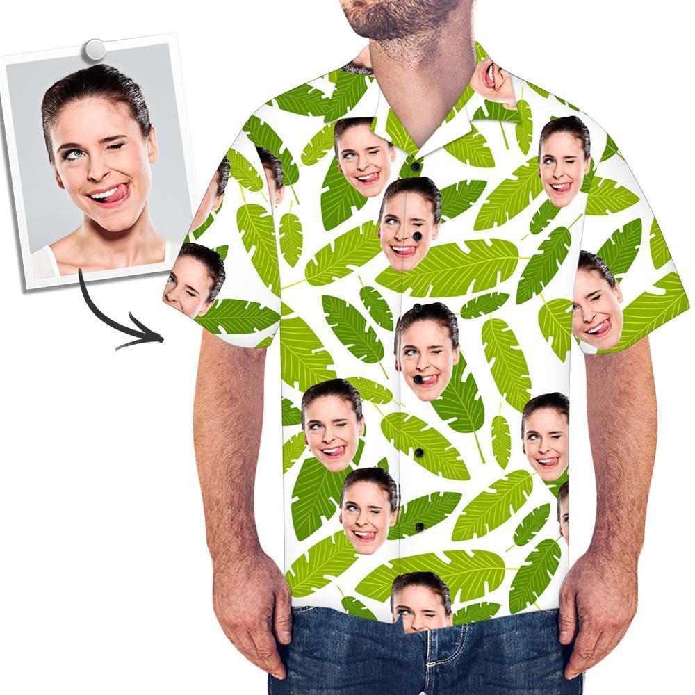 Custom Face Men's Hawaiian Shirt Fresh Green Leaves - facesocks