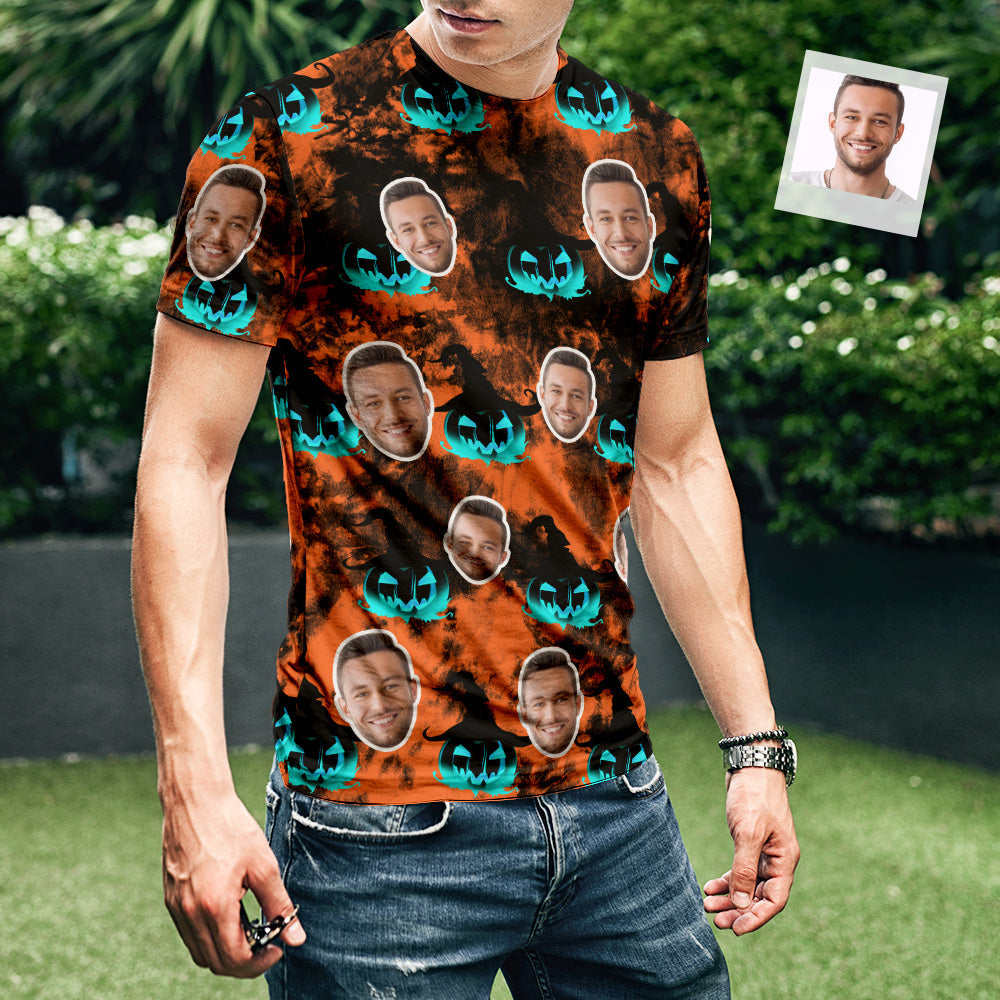 Custom Face Men Halloween Pumpkin Tie-dye T-shirt-MyPhotoSocks