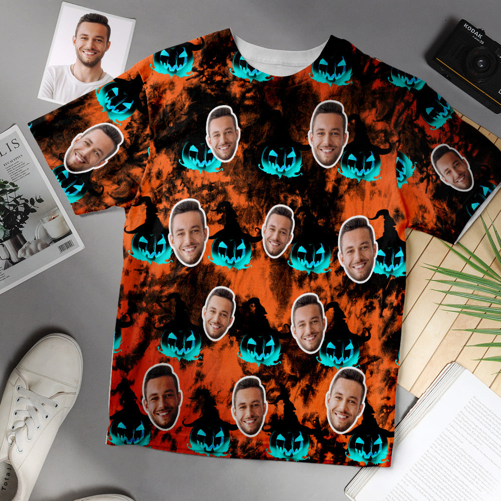 Custom Face Men Halloween Pumpkin Tie-dye T-shirt-MyPhotoSocks
