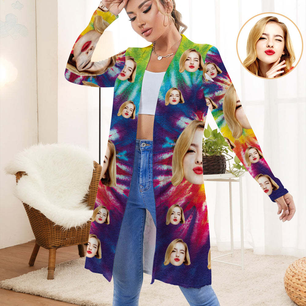 Personalized Face Rainbow Color Cardigan Women Long Sleeve Open Front Cardigans - MyPhotoSocks