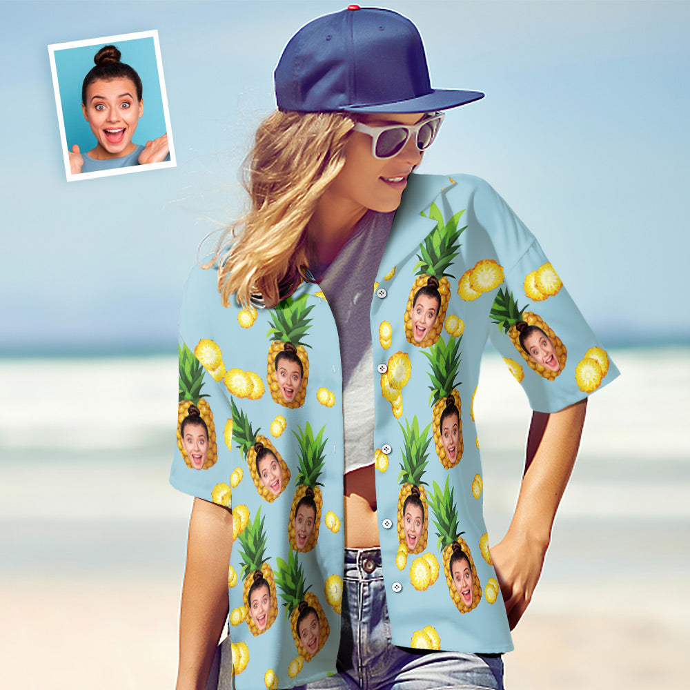 Custom Face Hawaiian Shirt Women's All Over Print Big Pineapple Short Sleeve Shirt-MyPhotoSocks