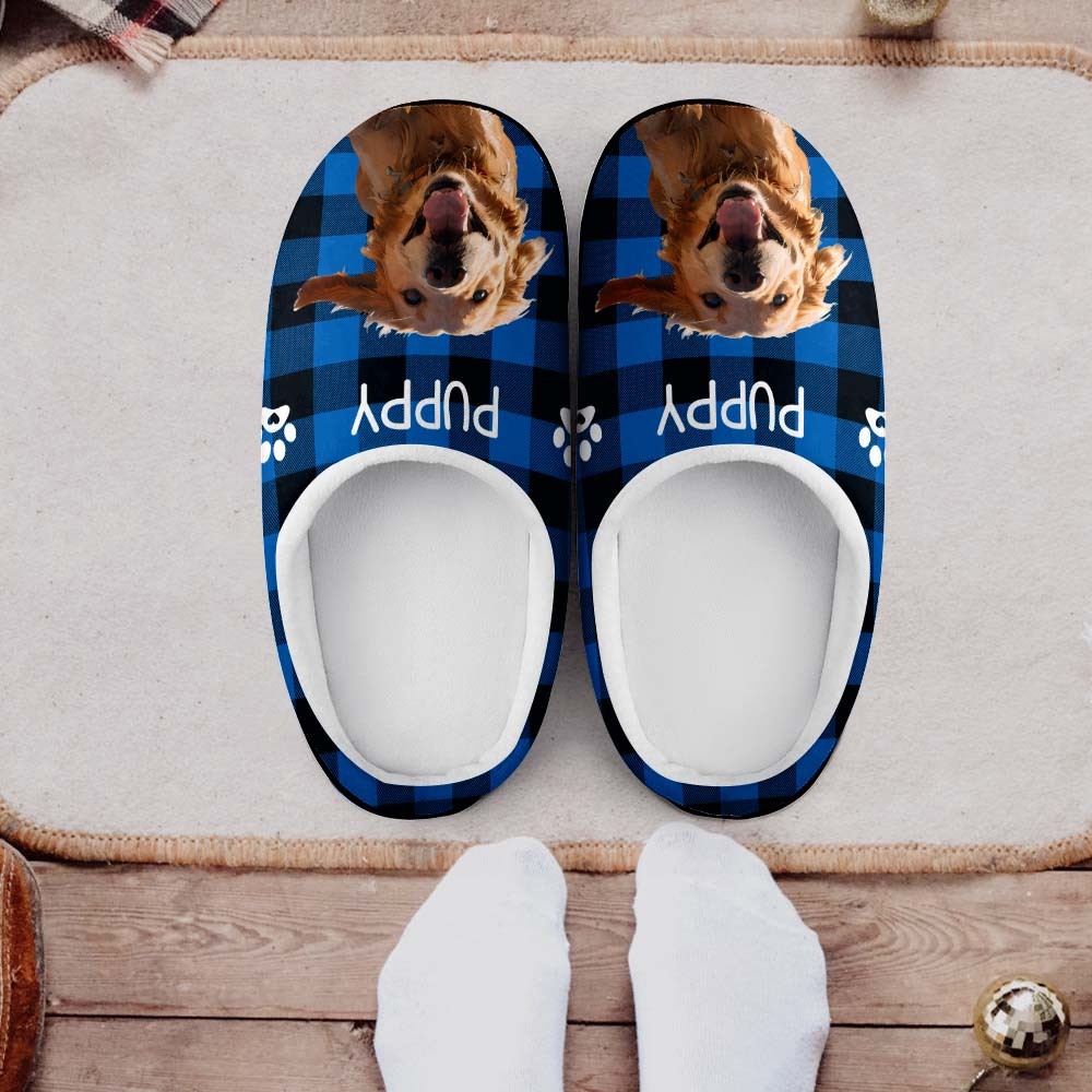 Custom Photo and Name Women Men Slippers With Footprint Personalized Pink Casual House Cotton Slippers Christmas Gift For Pet Lover - MyPhotoSocks