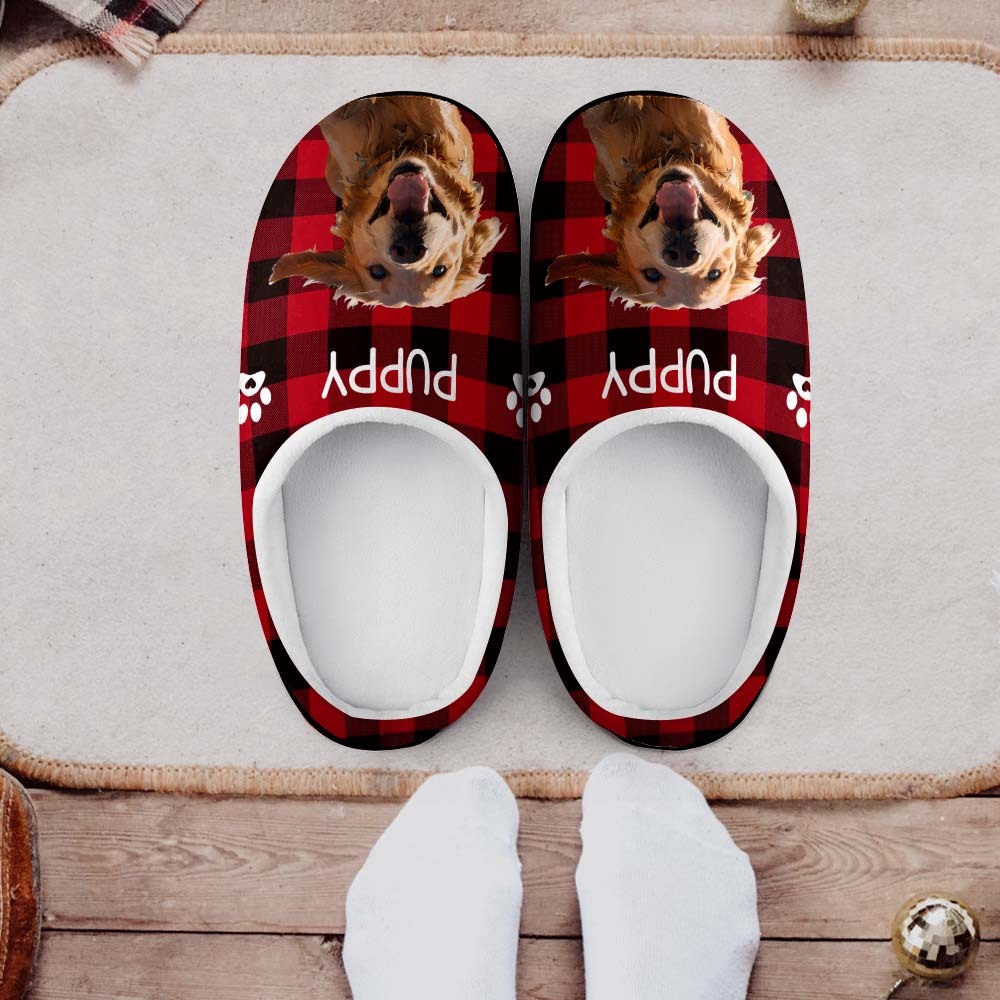 Custom Photo and Name Women Men Slippers With Footprint Personalized Blue Casual House Cotton Slippers Christmas Gift For Pet Lover - MyPhotoSocks