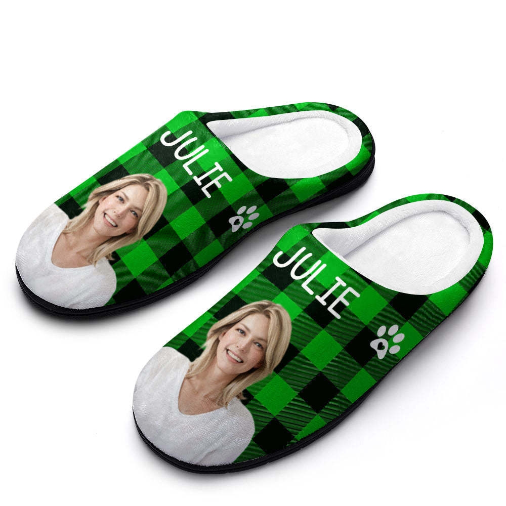 Custom Photo and Name Women Men Slippers With Footprint Personalized Green Casual House Cotton Slippers Christmas Gift For Pet Lover - MyPhotoSocks