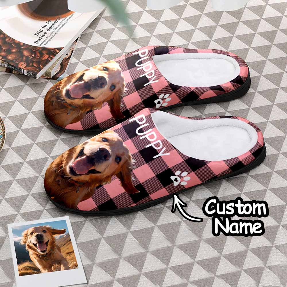 Custom Photo and Name Women Men Slippers With Footprint Personalized Pink Casual House Cotton Slippers Christmas Gift For Pet Lover - MyPhotoSocks