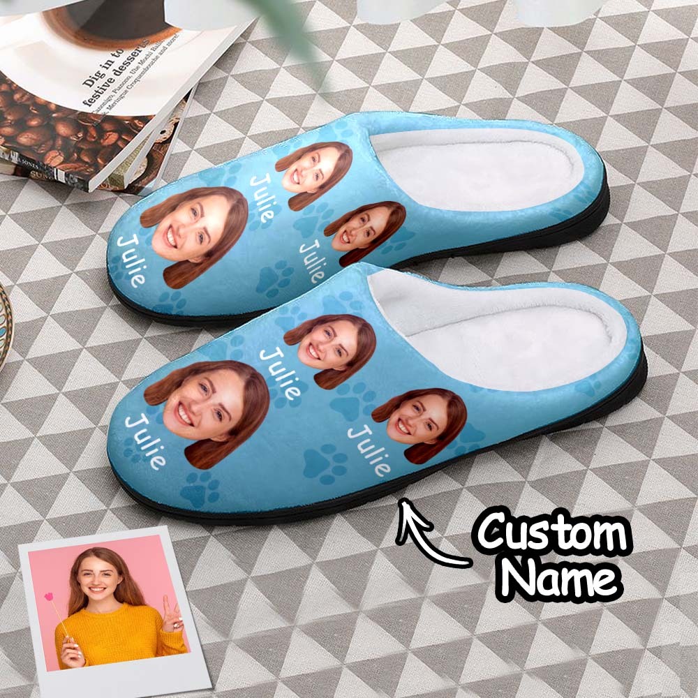 Custom Photo and Name Women Men Slippers With Footprint Personalized Casual House Cotton Slippers Christmas Gift - MyPhotoSocks