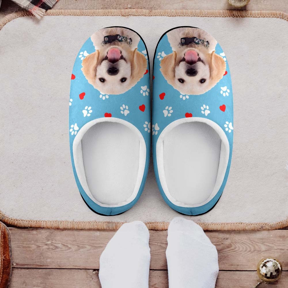 Custom Photo Women Men Slippers With Footprint and Heart Personalized Casual House Cotton Slippers Christmas Gift For Pet Lover - MyPhotoSocks