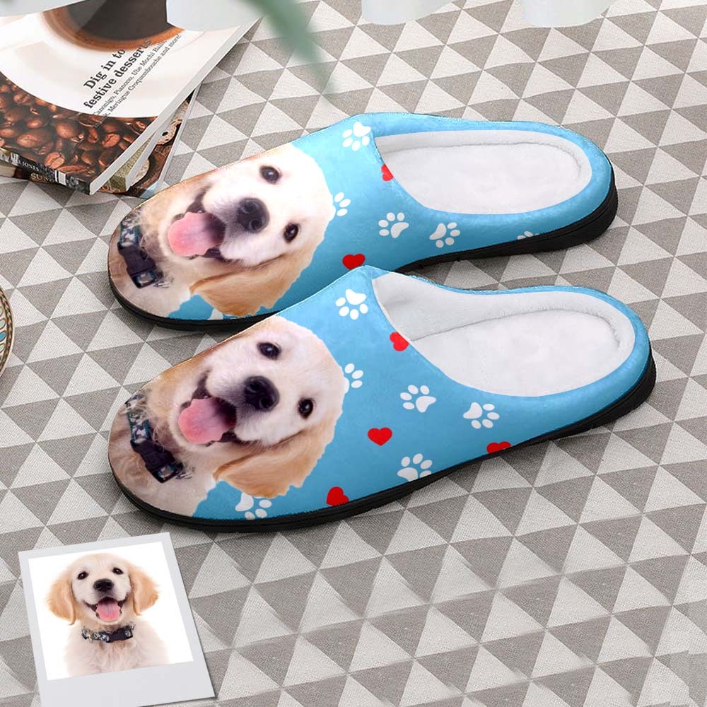 Custom Photo Women Men Slippers With Footprint and Heart Personalized Casual House Cotton Slippers Christmas Gift For Pet Lover - MyPhotoSocks