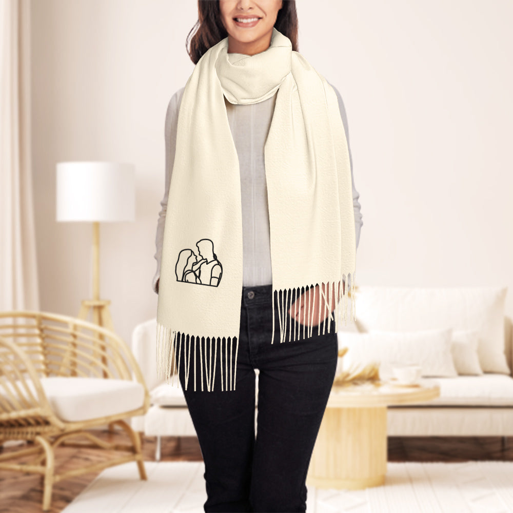 Personalized Embroidery Scarf Custom Line Drawing Scarf  Warm Fringe Shawl Gift for Lovers - MyPhotoSocks