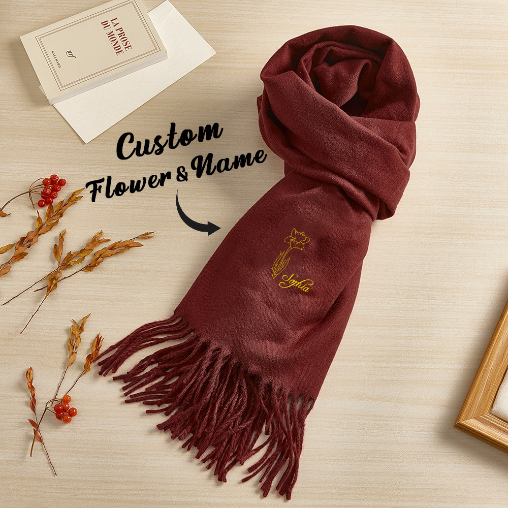 Custom Super Soft Warm Scarf with Embroidered Birth Flower and Text Personalized Fashion Christmas Gift for Couple Family