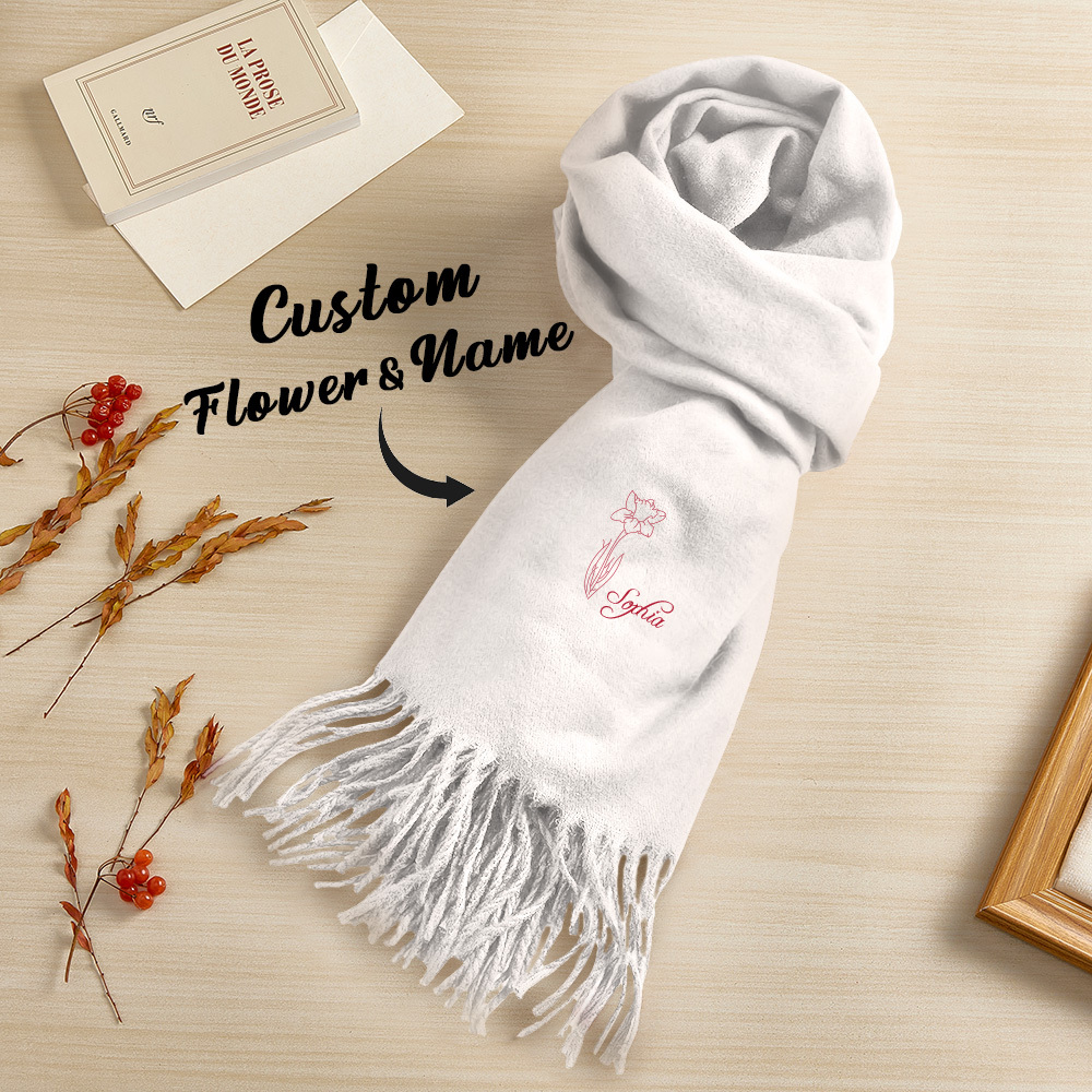 Custom Super Soft Warm Scarf with Embroidered Birth Flower and Text Personalized Fashion Christmas Gift for Couple Family