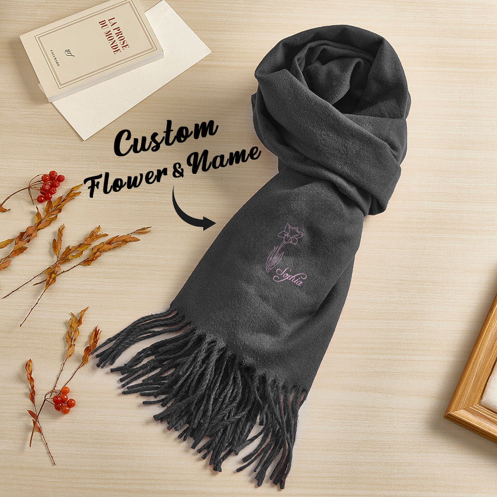 Custom Super Soft Warm Scarf with Embroidered Birth Flower and Text Personalized Fashion Christmas Gift for Couple Family