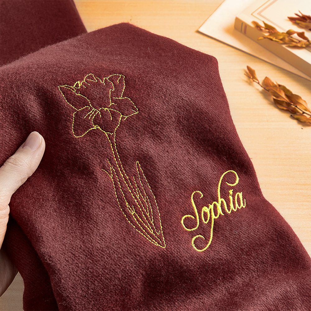 Custom Super Soft Warm Scarf with Embroidered Birth Flower and Text Personalized Fashion Christmas Gift for Couple Family