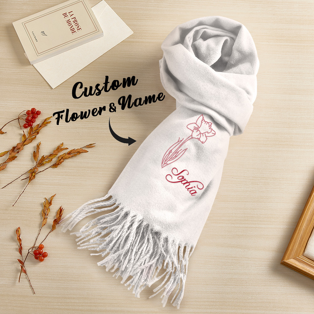 Custom Super Soft Warm Scarf with Embroidered Birth Flower and Text Personalized Fashion Christmas Gift for Couple Family