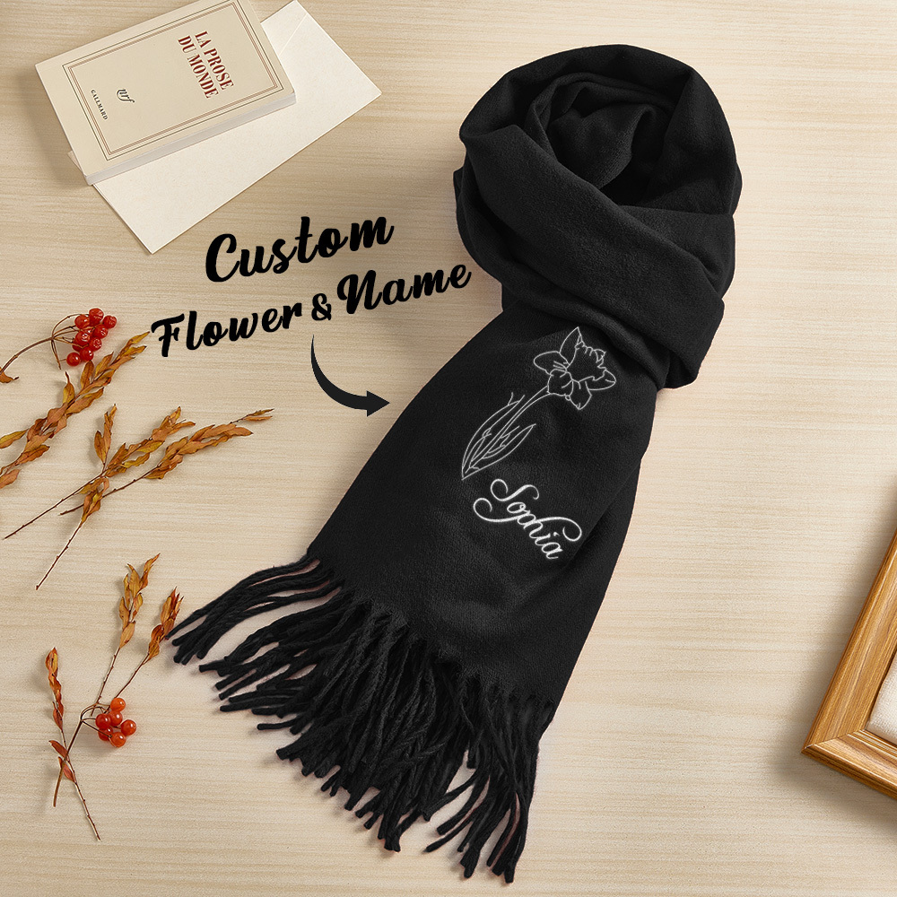 Custom Super Soft Warm Scarf with Embroidered Birth Flower and Text Personalized Fashion Christmas Gift for Couple Family