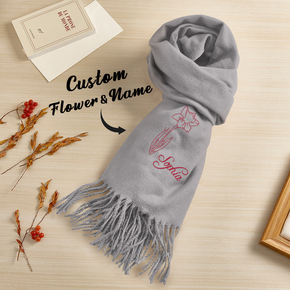 Custom Super Soft Warm Scarf with Embroidered Birth Flower and Text Personalized Fashion Christmas Gift for Couple Family