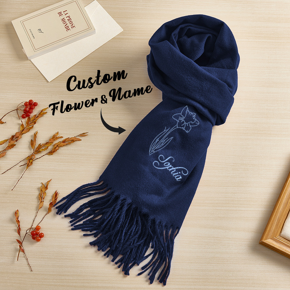Custom Super Soft Warm Scarf with Embroidered Birth Flower and Text Personalized Fashion Christmas Gift for Couple Family
