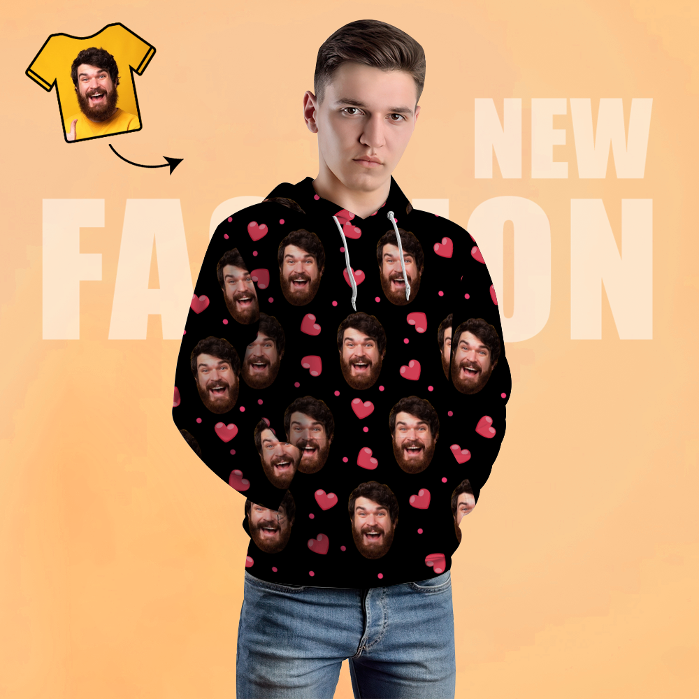 Custom Face Unisex Hoodie Casual Printed Photo Black Hoodie For Men Women - Heart-MyPhotoSocks