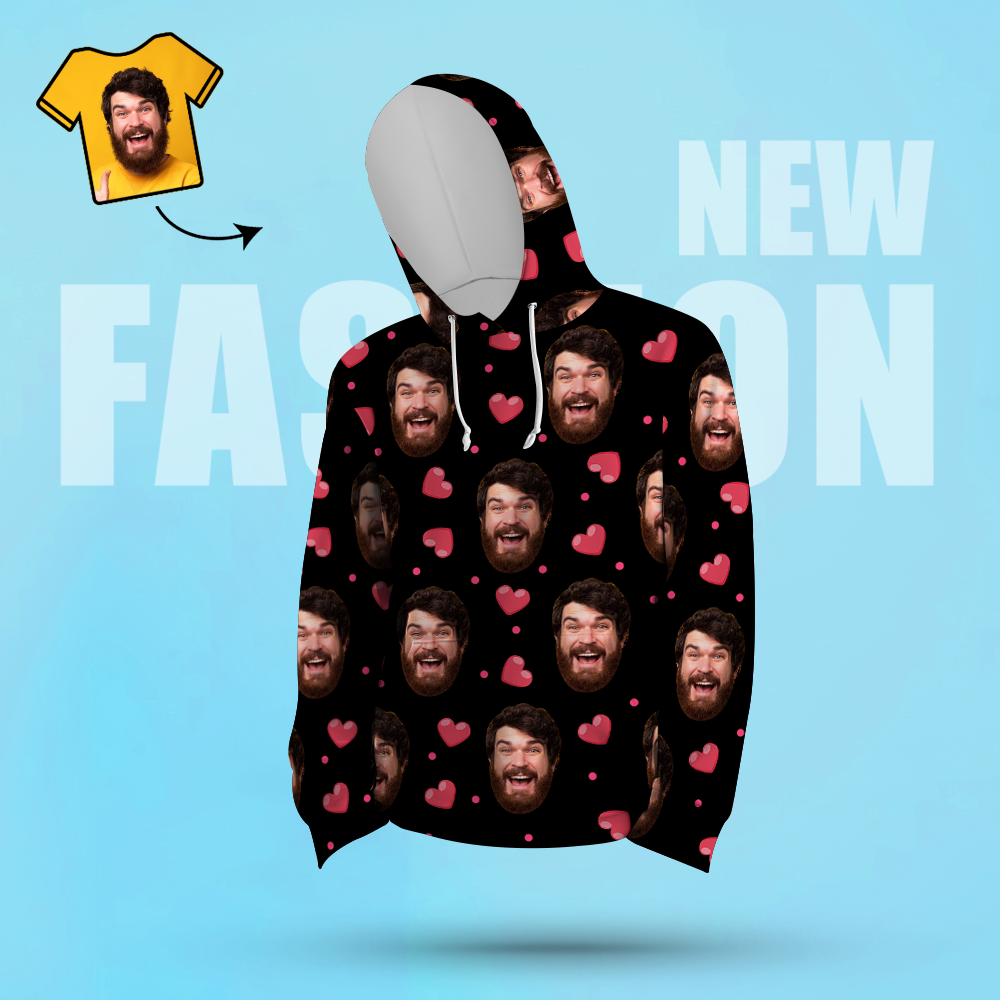 Custom Face Unisex Hoodie Casual Printed Photo Black Hoodie For Men Women - Heart-MyPhotoSocks
