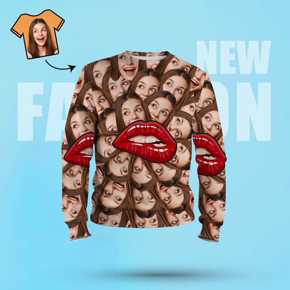 Custom Face Unisex Sweatshirt Casual Printed Photo Long Sleeve Shirt For Men Women - Lips-MyPhotoSocks