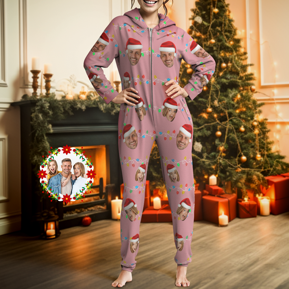 Custom Onesies Photo Xmas Leds Pajamas One-Piece Sleepwear Family Pyjamas Christmas Gift - MyPhotoSocks