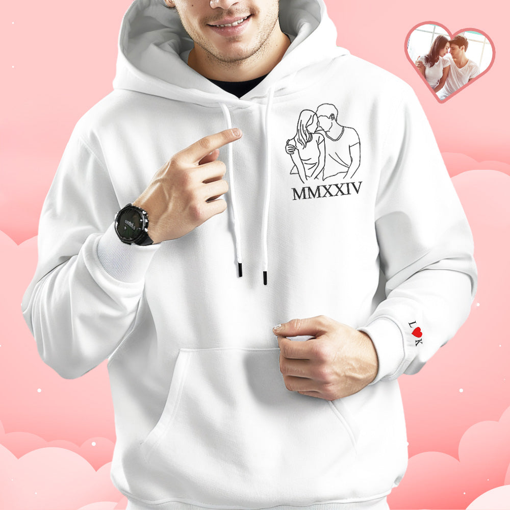 Custom Embroidered Photo Outline Hoodie With Roman Numerals Sweatshirt Gifts For Couples - MyPhotoSocks