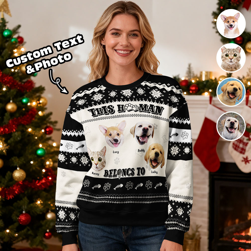 Custom Face Round Neck Hoodie Personalized Custom Photo Black Christmas Gifts For Family Cute Pet Face Sweater Xmas Leds Unisex Hoodies - MyPhotoSocks