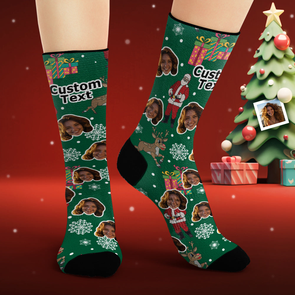 Custom Face Socks Personalized Photo Green Socks Santa Claus and Gifts Merry Christmas - MyPhotoSocks