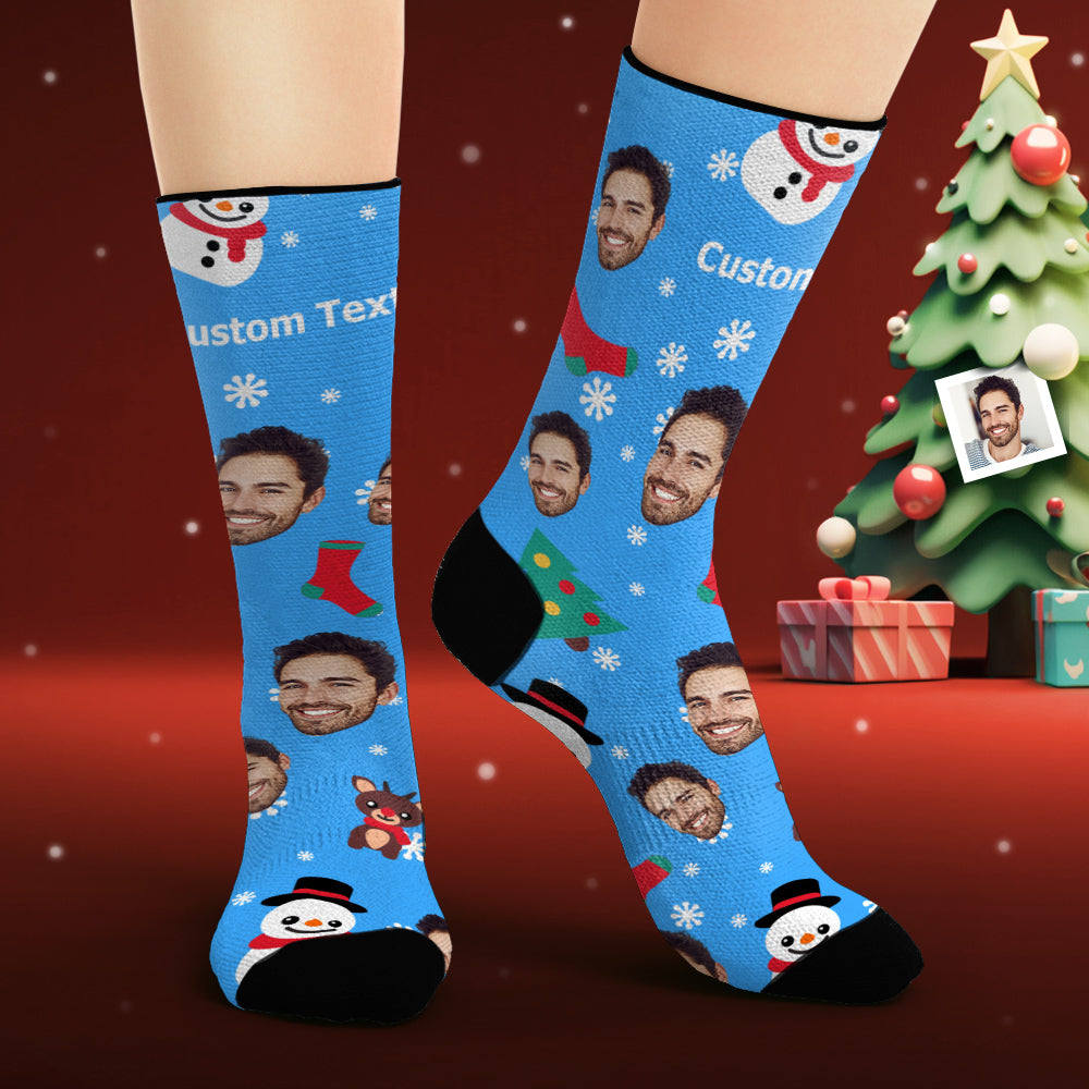Custom Face Socks Personalized Photo Blue Socks Cartoon Santa Claus and Snowman - MyPhotoSocks