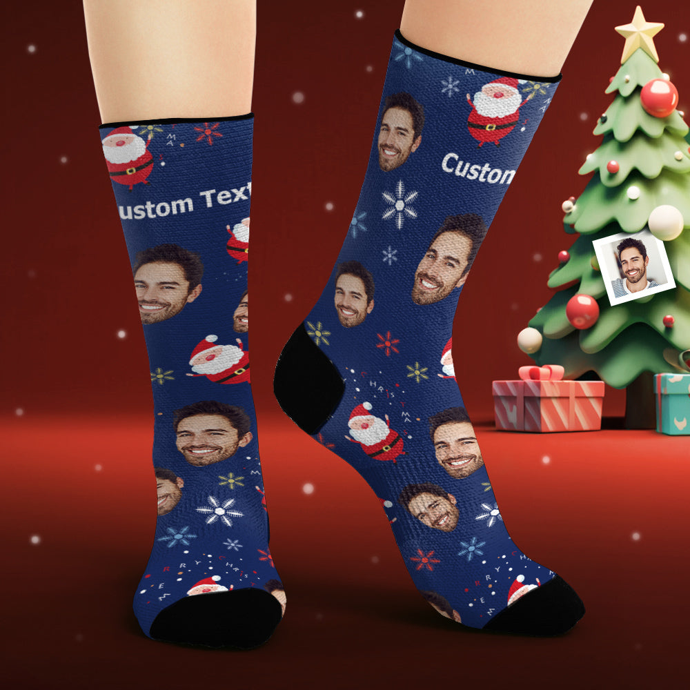 Custom Face Socks Personalized Photo Blue Socks Cute Santa Claus - MyPhotoSocks