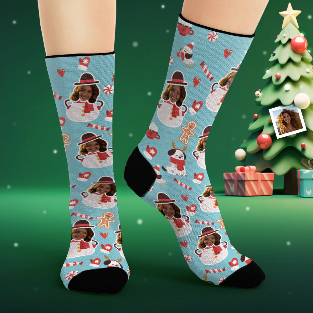 Custom Face Socks Personalized Photo Blue Socks Funny Snowman - MyPhotoSocks