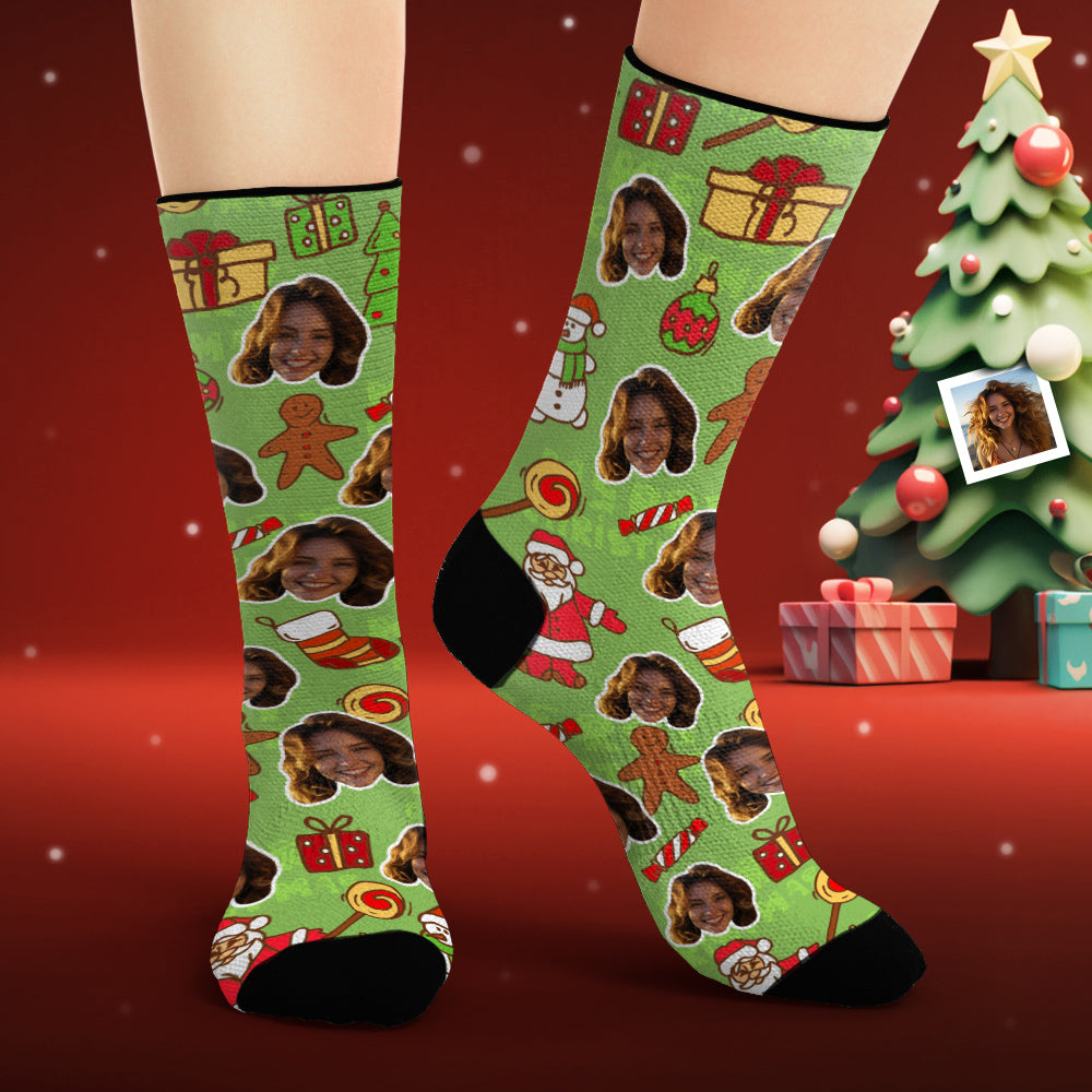 Custom Face Socks Personalized Photo Green Socks Christmas Gifts - MyPhotoSocks