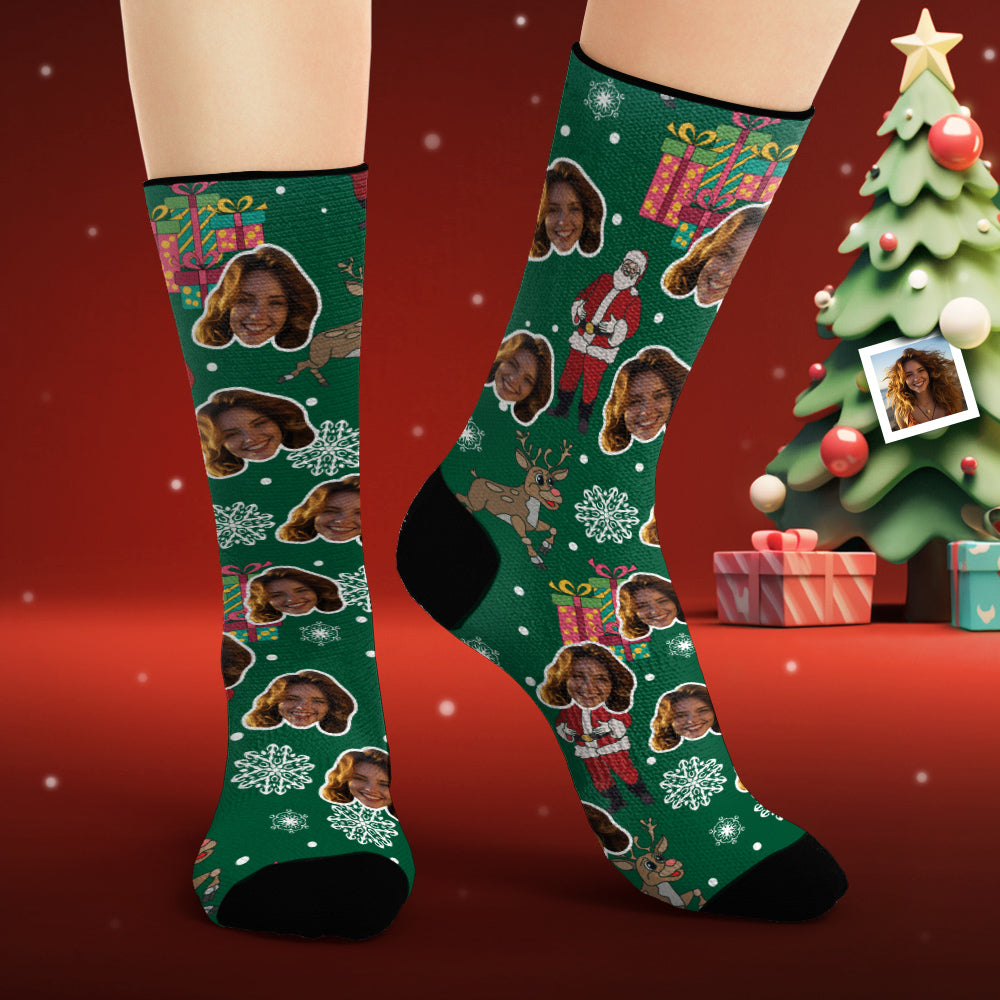 Custom Face Socks Personalized Photo Green Socks Santa Claus and Gifts Merry Christmas - MyPhotoSocks