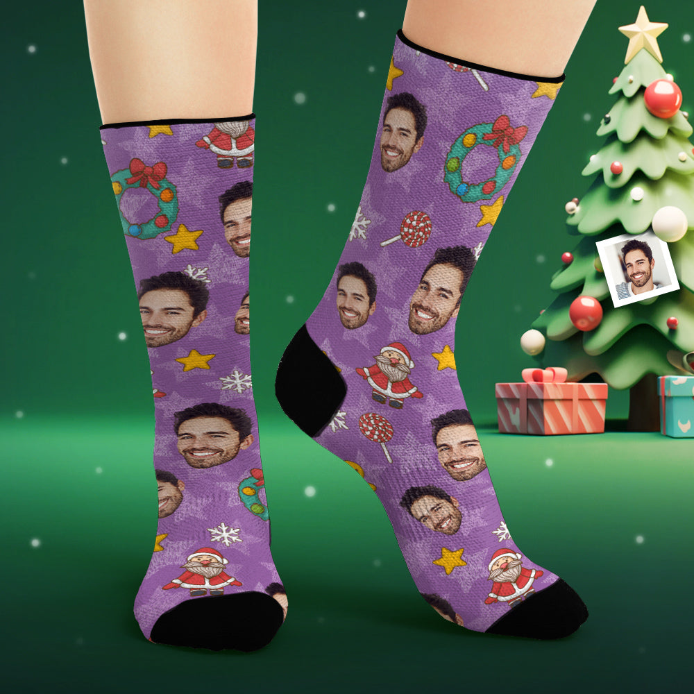Custom Face Socks Personalized Photo Purple Socks Cartoon Christmas Elements - MyPhotoSocks