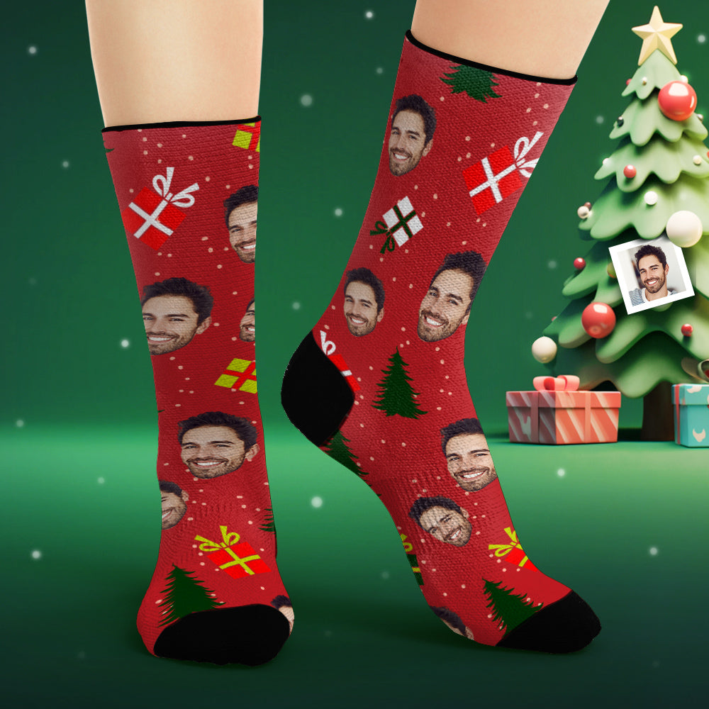 Custom Face Socks Personalized Photo Red Socks Christmas Tree and Gifts - MyPhotoSocks