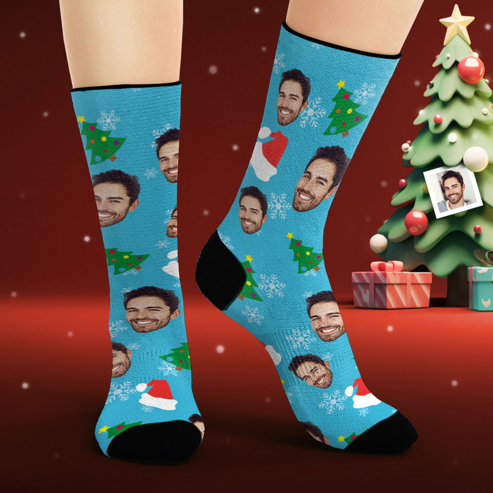 Custom Face Socks Personalized Photo Socks Christmas Trees and Santa Hats Christmas Gifts - MyPhotoSocks