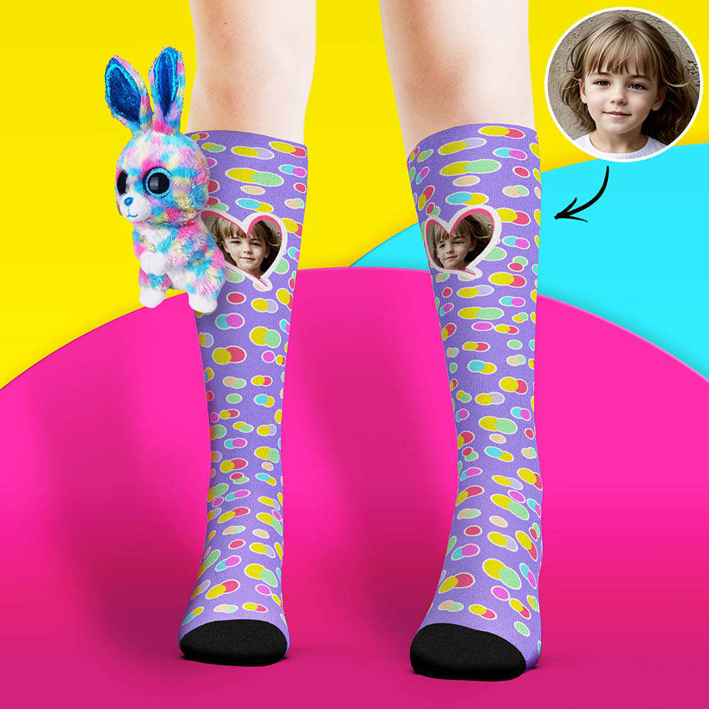 Custom Socks Knee High Face Socks Rabbit Doll Colorful Polka Dot Socks - MyPhotoSocks