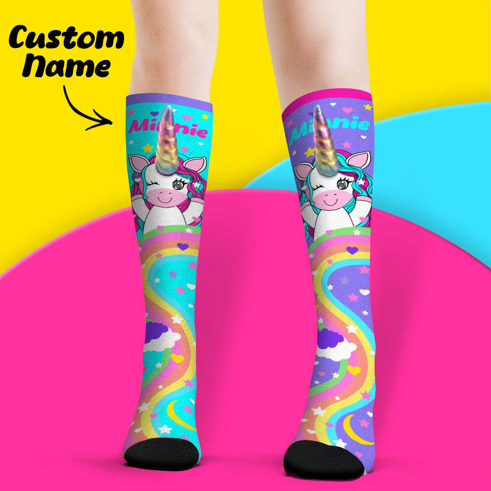 Custom Name Socks Knee High Socks 3D Unicorn Horn Cartoon Socks - MyPhotoSocks