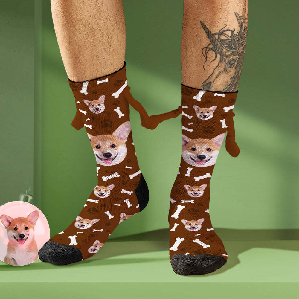 Custom Dog Face Socks Funny Doll Mid Tube Socks Magnetic Holding Hands Socks Christmas Gifts - MyPhotoSocks