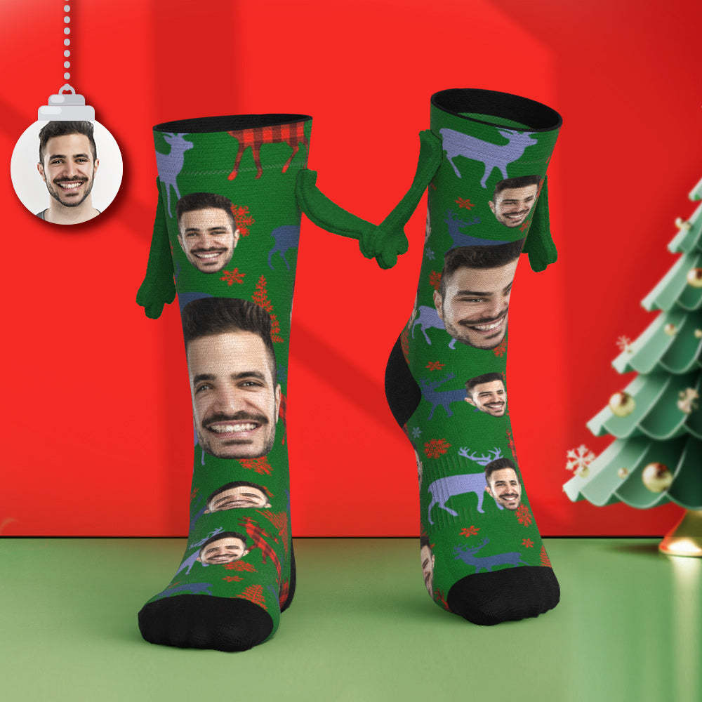 Custom Face Socks Funny Doll Mid Tube Socks Magnetic Holding Hands Socks Merry Christmas - MyPhotoSocks