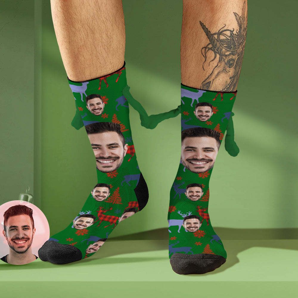Custom Face Socks Funny Doll Mid Tube Socks Magnetic Holding Hands Socks Merry Christmas - MyPhotoSocks