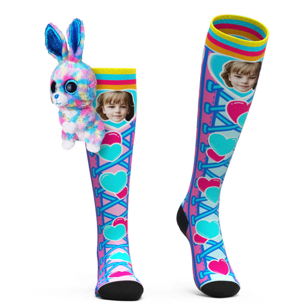 Custom Socks Knee High Face Socks Rabbit Doll Blue Love Heart Socks - MyPhotoSocks