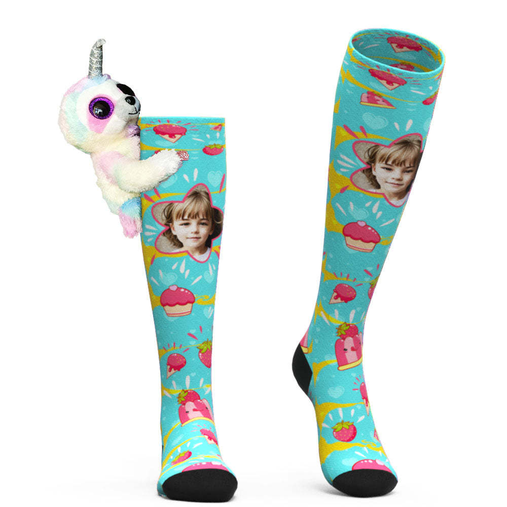 Custom Socks Knee High Face Socks Sloth Doll Pink Dessert Socks - MyPhotoSocks