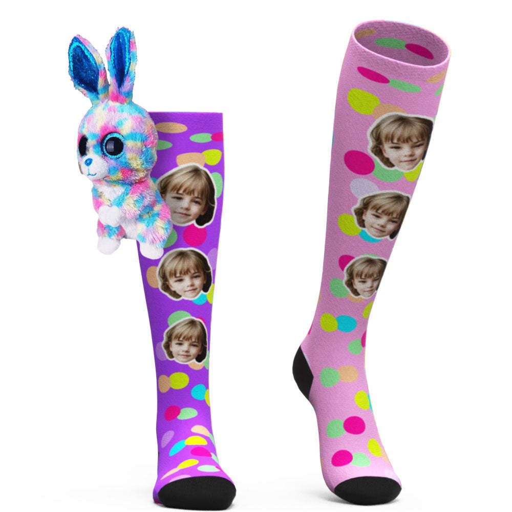 Custom Socks Knee High Face Socks Colorful Polka Dot Rabbit Doll Socks - MyPhotoSocks