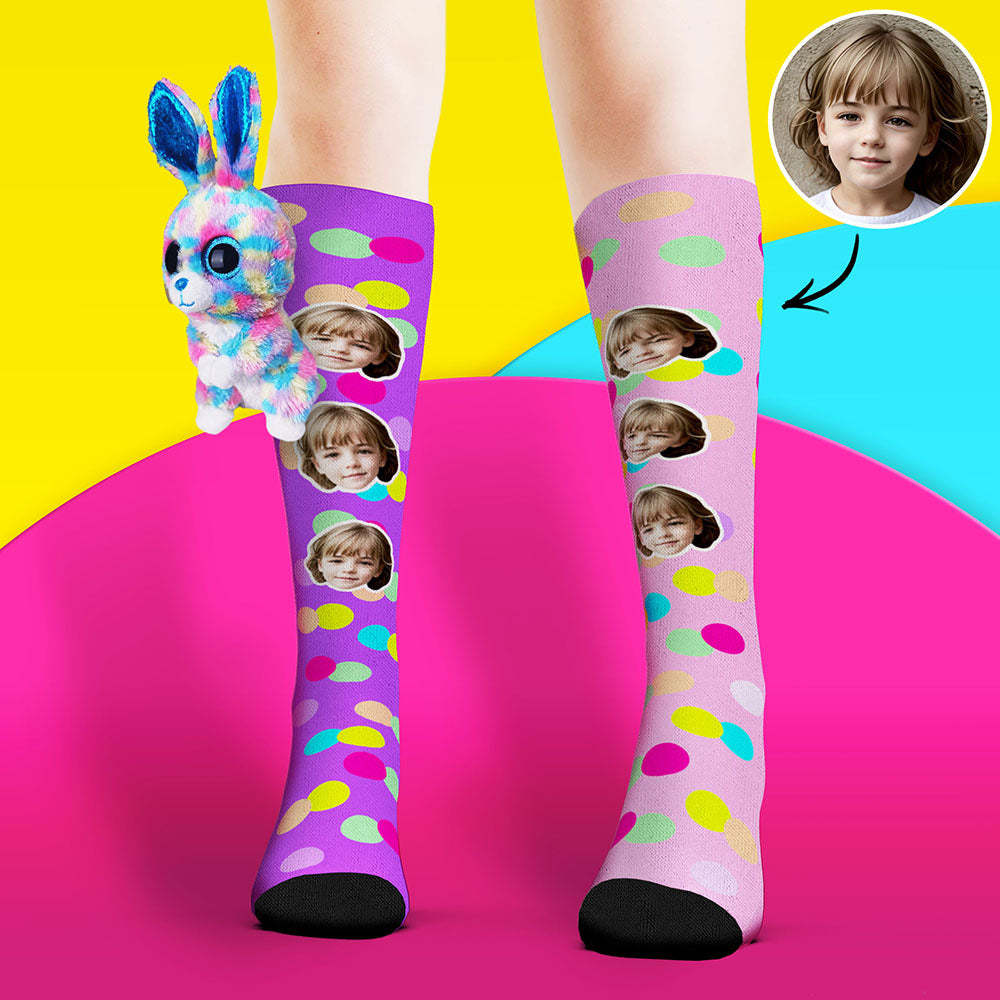 Custom Socks Knee High Face Socks Colorful Polka Dot Rabbit Doll Socks - MyPhotoSocks
