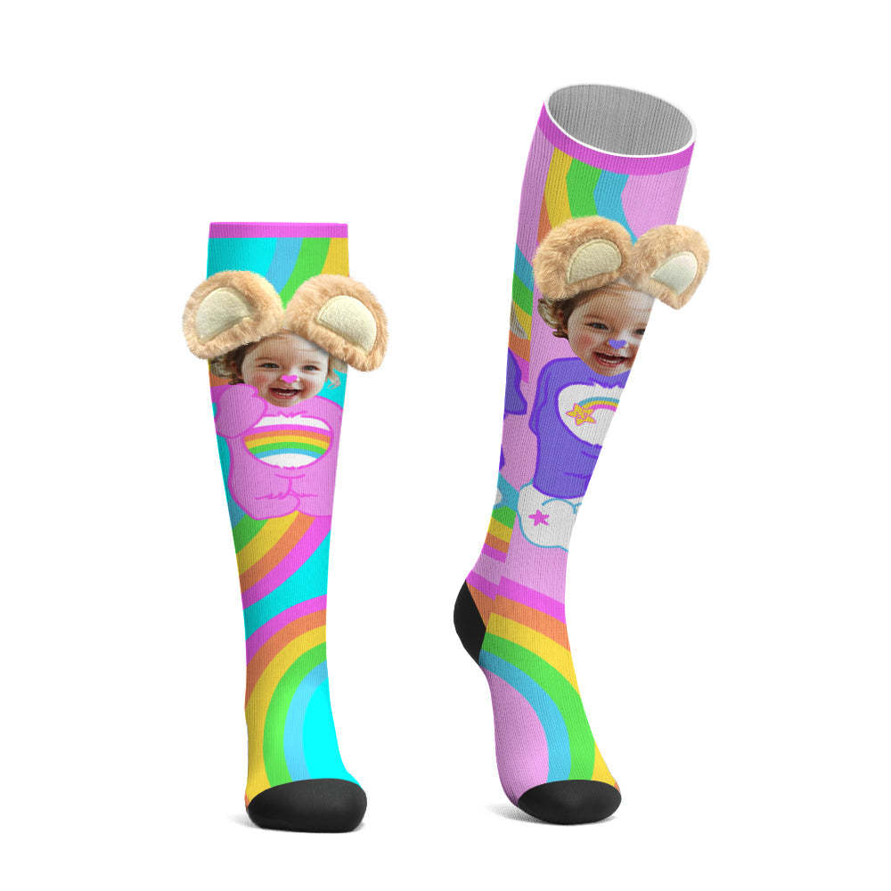 Custom Socks Knee High Face Socks 3D Plush Bear Ears Socks - MyPhotoSocks