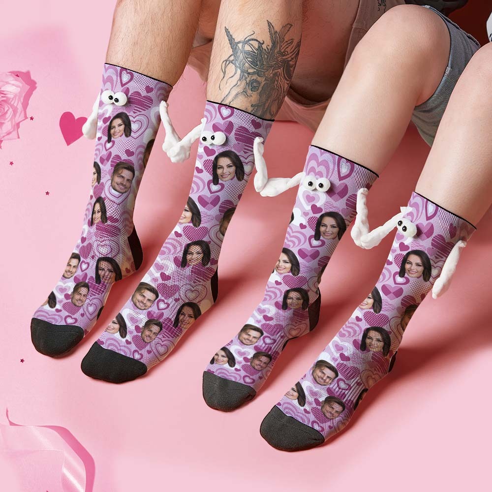 Custom Face Socks Funny Doll Mid Tube Socks Magnetic Holding Hands Socks Purple Heart Valentine's Day Gifts - MyPhotoSocks