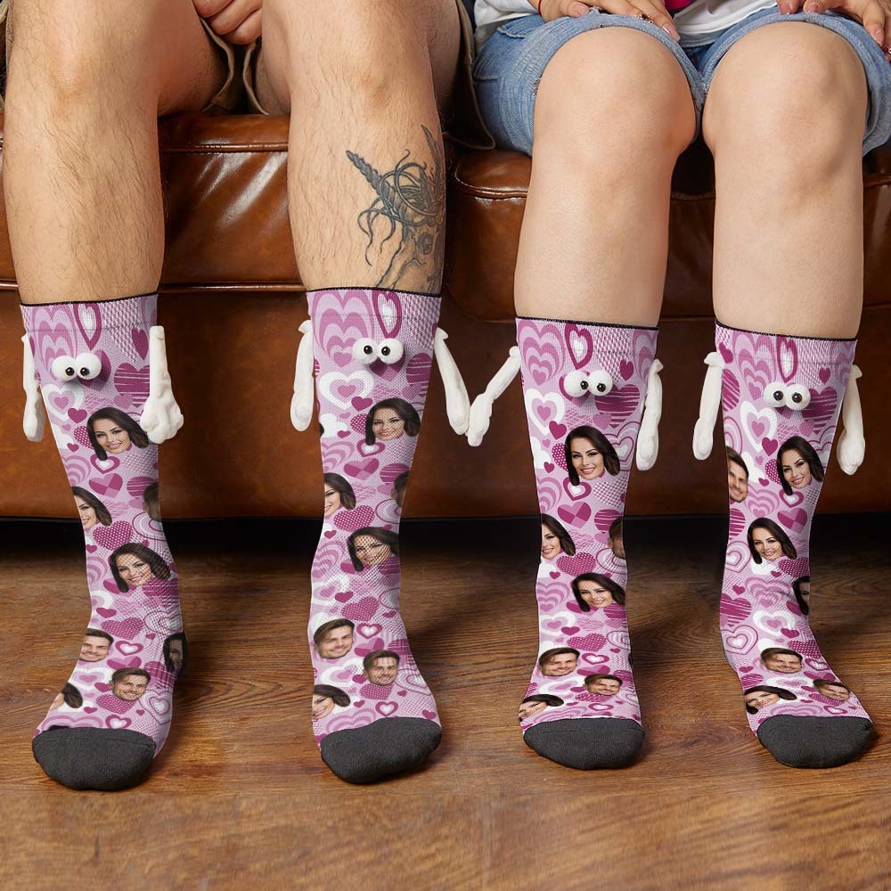 Custom Face Socks Funny Doll Mid Tube Socks Magnetic Holding Hands Socks Purple Heart Valentine's Day Gifts - MyPhotoSocks