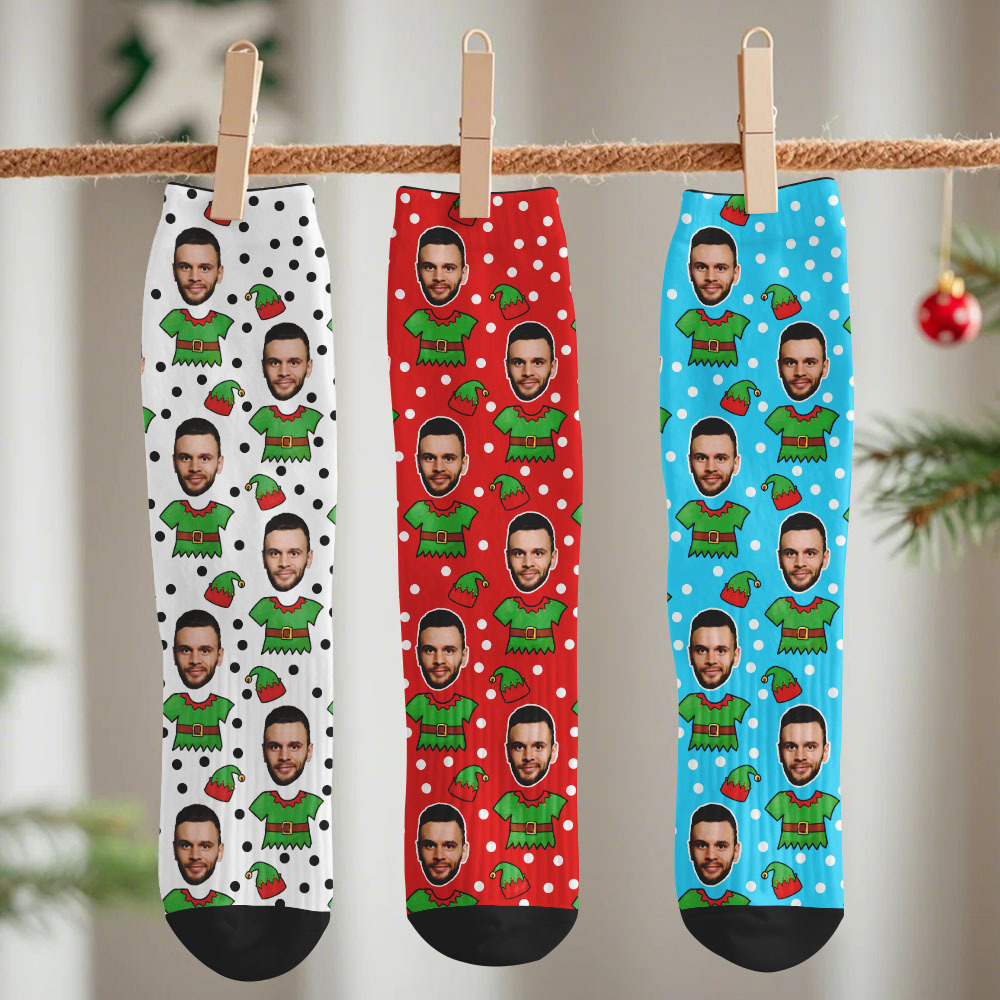 Custom Elf Face Socks Personalized Christmas Photo Socks Funny Holiday Gift for Family & Friends - MyPhotoSocks